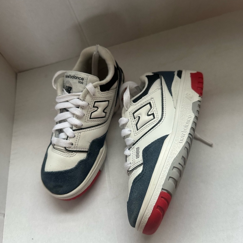 New Balance 550 Kids' Sneakers in White, Black, and Red size 12